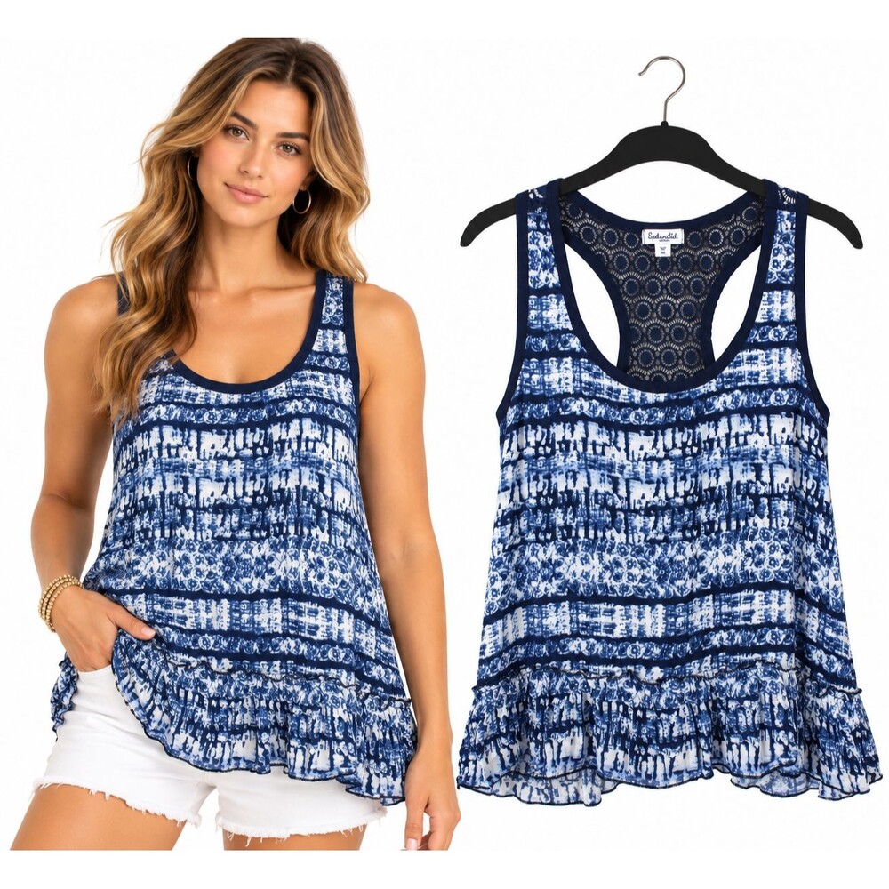 New Splendid Ruffle Hem Tank Top Size Large Blue White Print Lace Racerback Boho